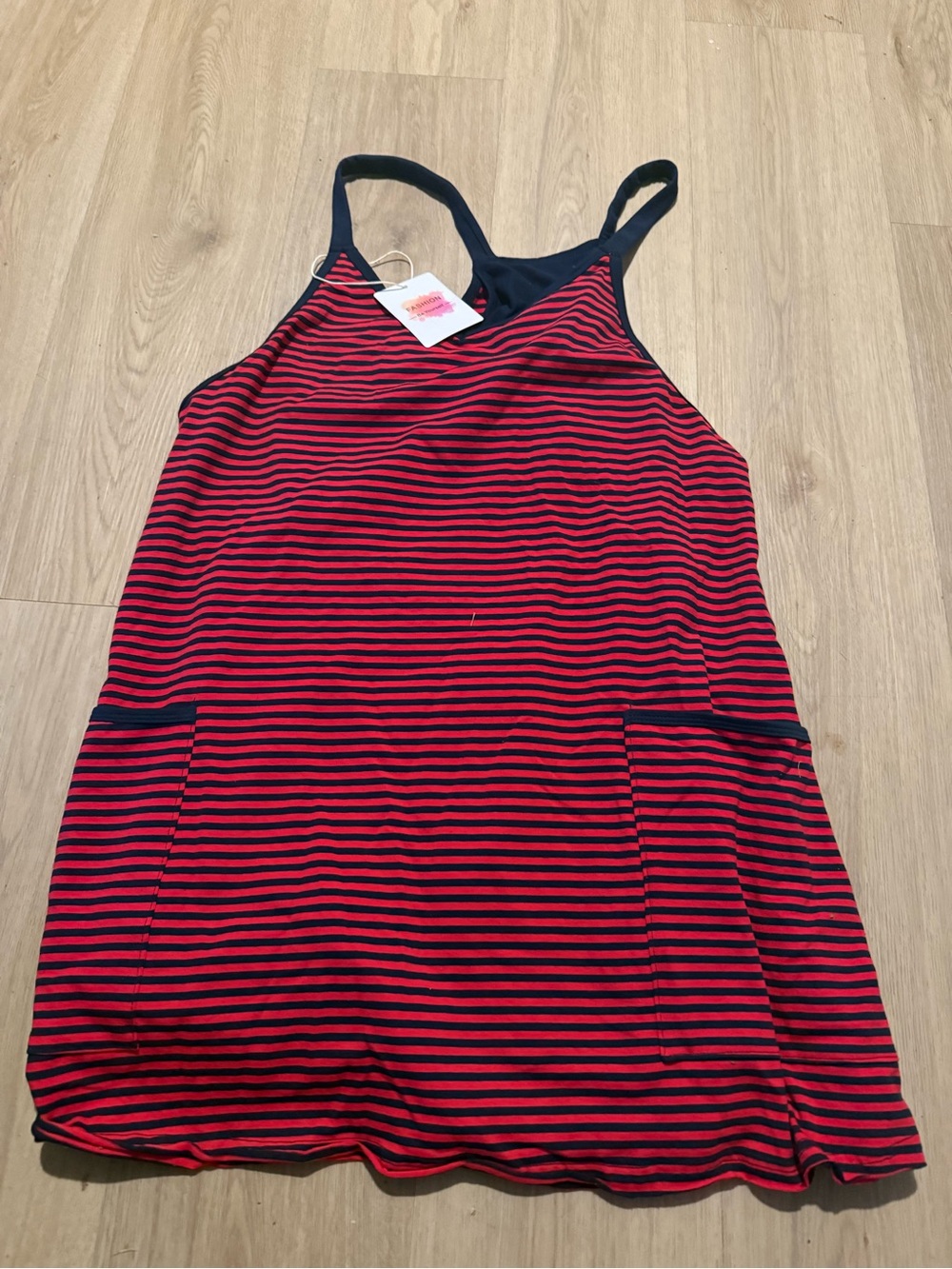 Striped Red & Navy Sleeveless Sleep Tank romper with Pockets